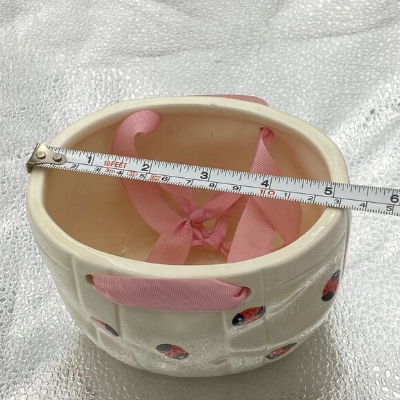 Hand-Painted Ceramic Planter Ladybug Basket White Pink Ribbon Handles Candy Dish - Picture 8 of 9